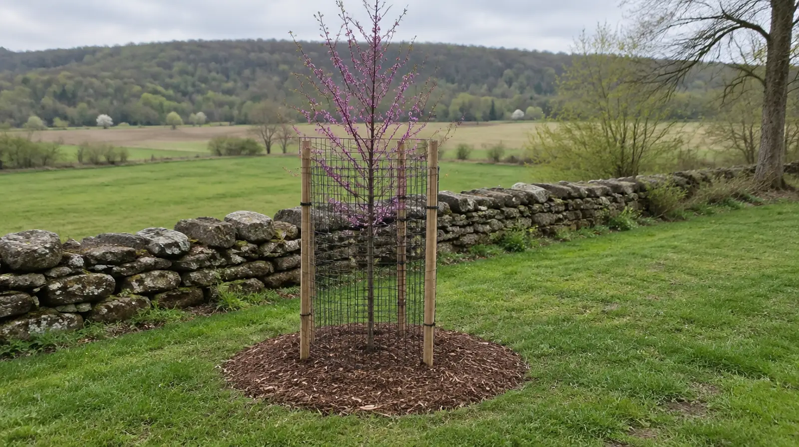 Newly planted redbud with a deer guard and mulch ring near an old farm field outside Washington, NJ