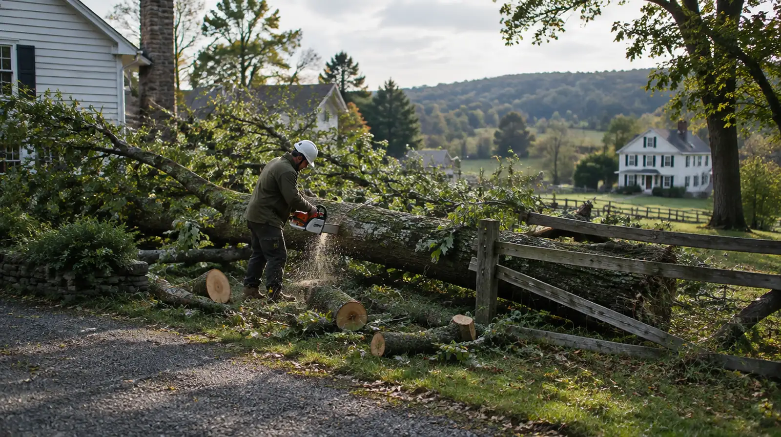 Crew clearing a storm-fallen tree in Washington, NJ