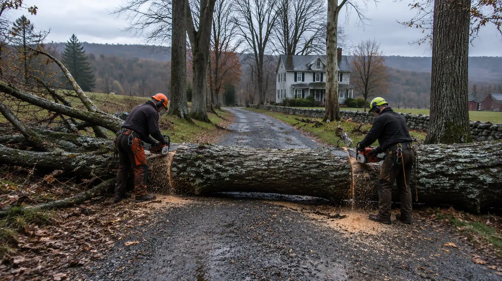 Clearing a fallen maple that blocked a long driveway in Washington, NJ