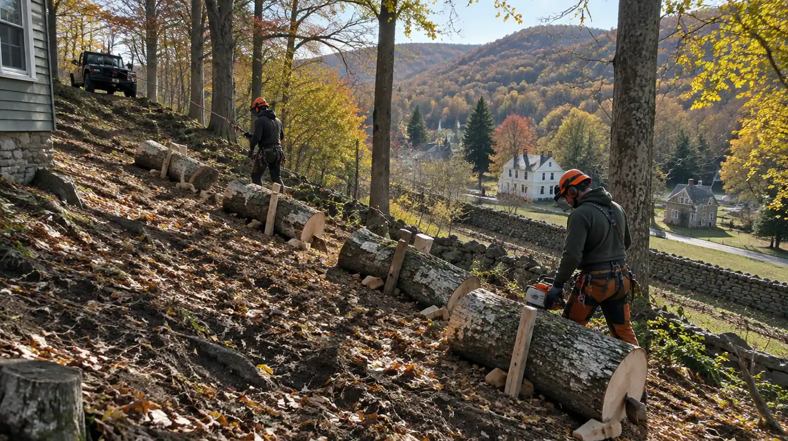 Tree removal on a steep wooded backyard slope in Washington, NJ
