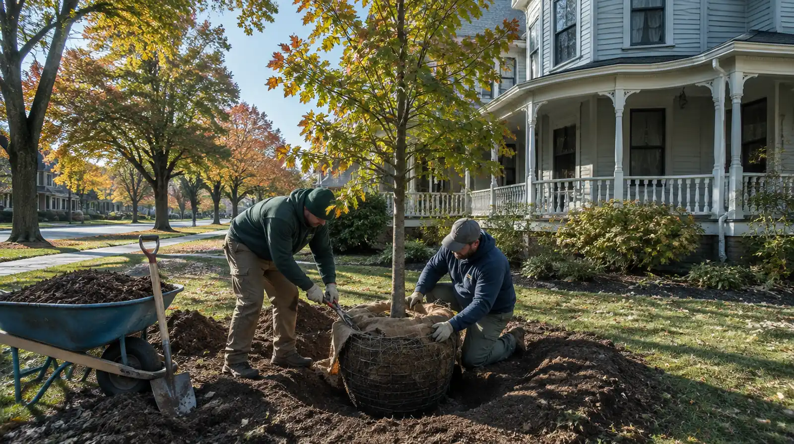 Tree crew planting a young swamp white oak in the side yard of an older home in Washington, NJ