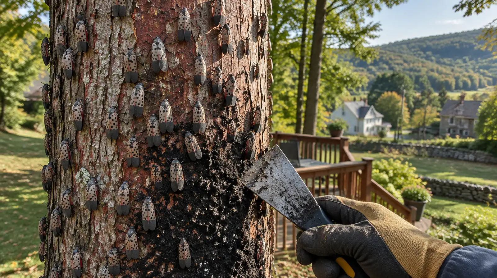 Spotted lanternflies gathered on a maple trunk in Washington, NJ