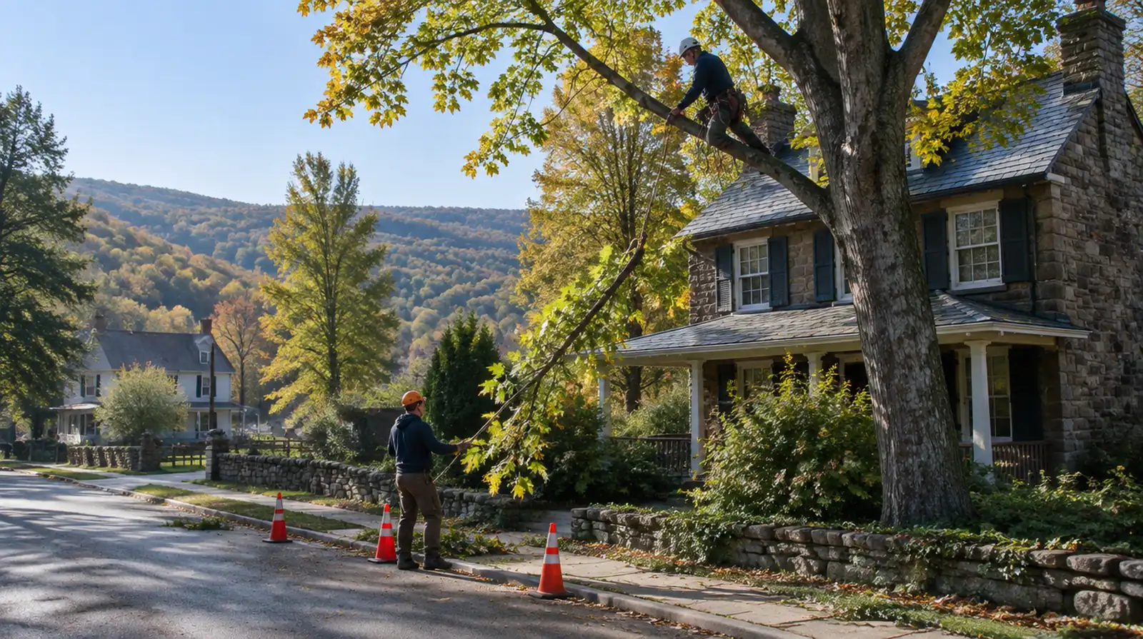 Trimming a sugar maple away from a porch roof on an older Washington, NJ street