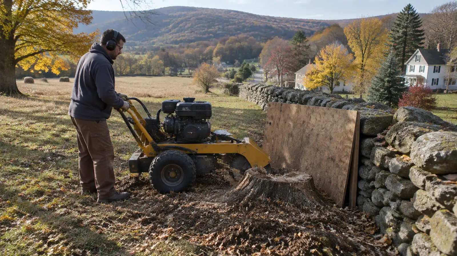 Grinding a stump beside an old fieldstone wall in Washington, NJ