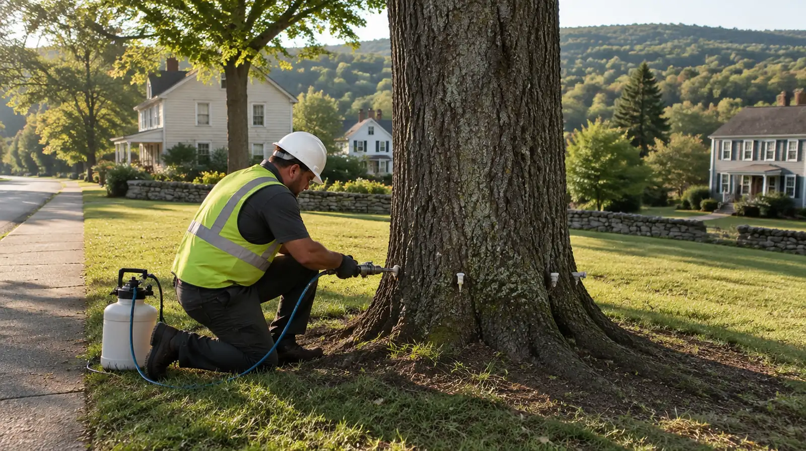 Arborist treating a tree trunk for disease in Washington, NJ