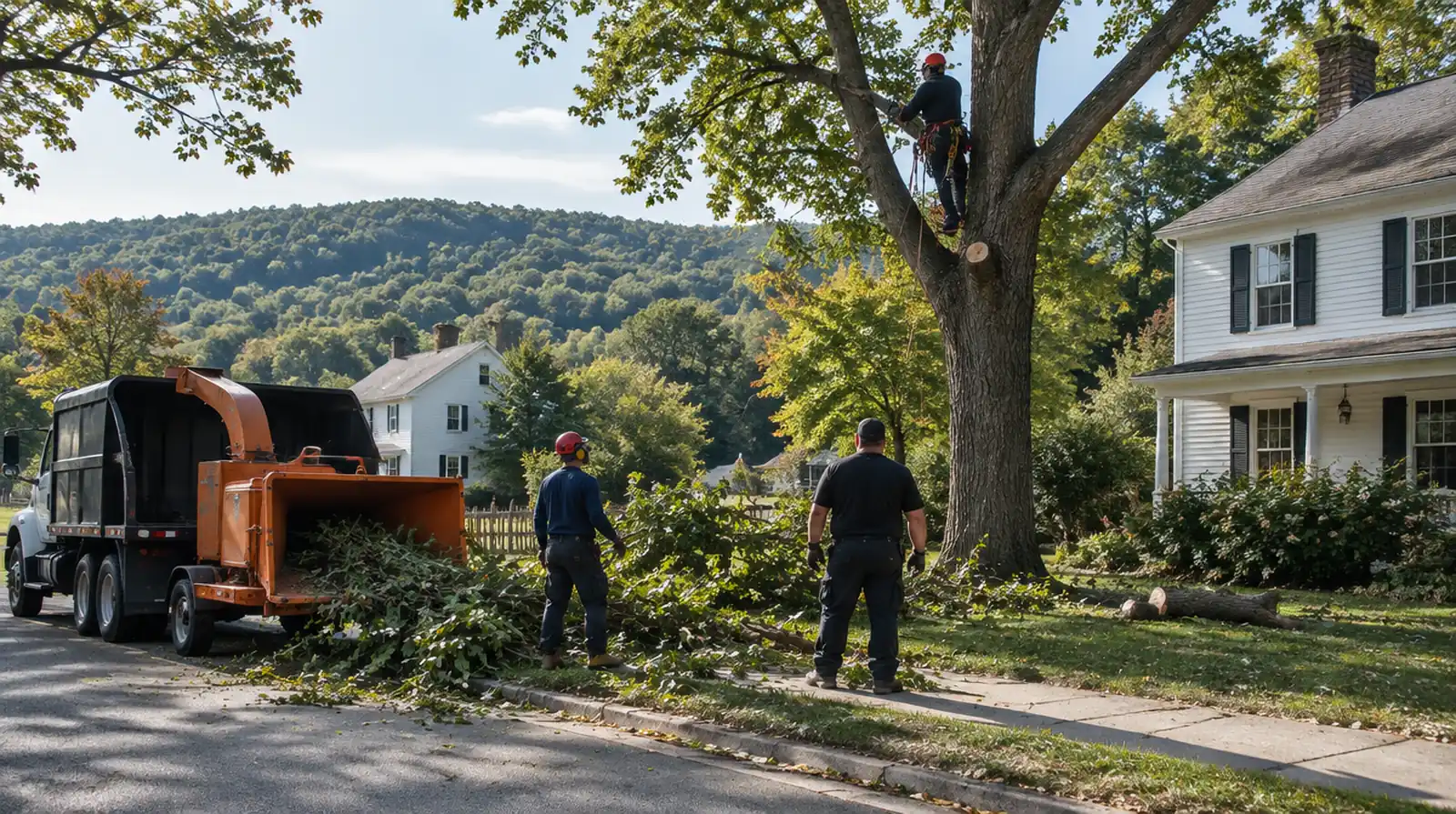 Tree service crew trimming a tree beside a home in Washington, NJ
