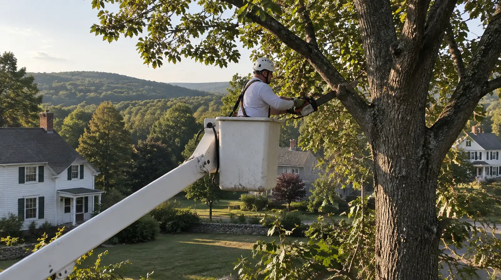 Arborist trimming tree branches from a bucket lift in Washington, NJ